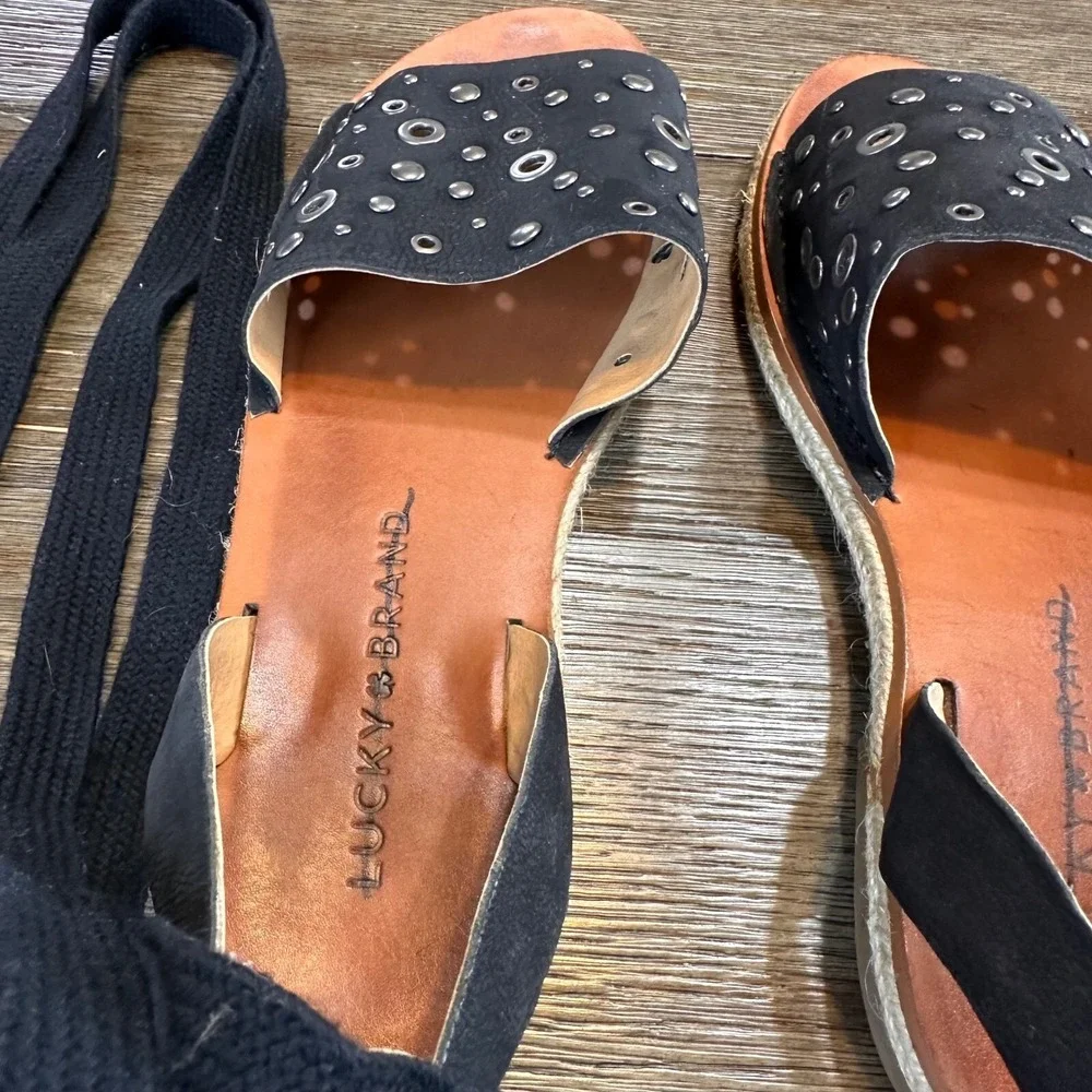 Lucky Brand Daytah 2 Black Leather Studded‎ Ankle Tie Espadrille Sandals 6M
